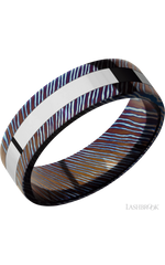 7 mm wide/Flat/Titanium Damascus band with one 3 mm Centered inlay of Cobalt Chrome.