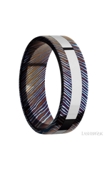 7 mm wide/Flat/Titanium Damascus band with one 3 mm Centered inlay of Cobalt Chrome.
