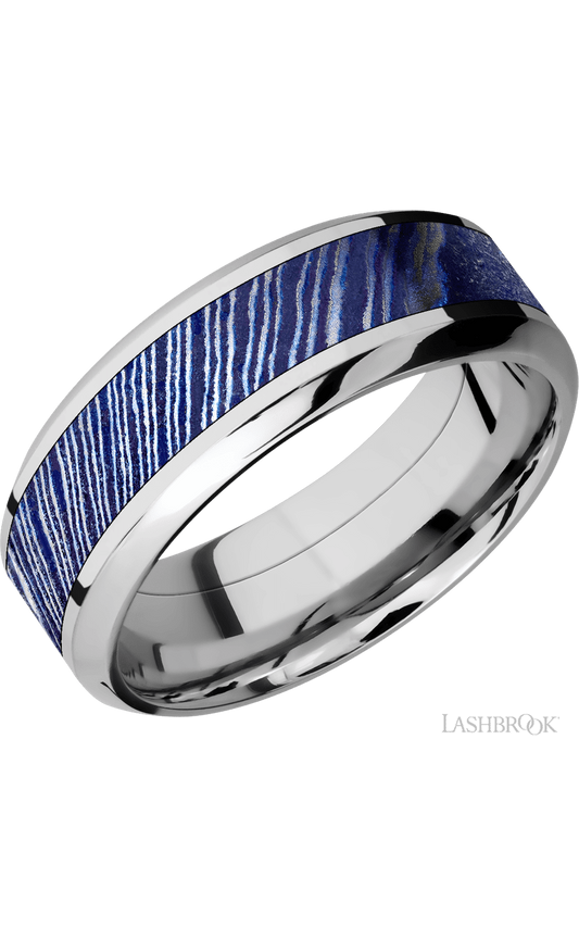 8 mm wide/High Bevel/Cobalt Chrome band with one 4 mm Centered inlay of Titanium Damascus.