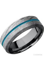8 mm wide/High Bevel/Meteorite band with one 1 mm Centered inlay of Sea Blue also featuring a Tantalum sleeve.
