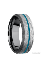 8 mm wide/High Bevel/Meteorite band with one 1 mm Centered inlay of Sea Blue also featuring a Tantalum sleeve.