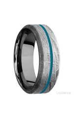 8 mm wide/High Bevel/Meteorite band with one 1 mm Centered inlay of Sea Blue also featuring a Tantalum sleeve.