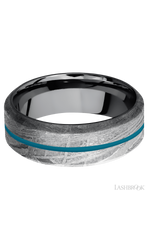 8 mm wide/High Bevel/Meteorite band with one 1 mm Centered inlay of Sea Blue also featuring a Tantalum sleeve.
