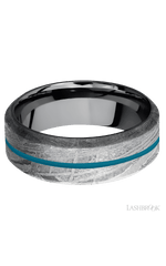 8 mm wide/High Bevel/Meteorite band with one 1 mm Centered inlay of Sea Blue also featuring a Tantalum sleeve.