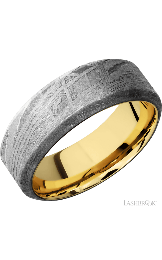 8 mm wide High Bevel Meteorite band featuring a 14K Yellow Gold sleeve.