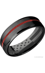 7 mm wide/Beveled/Zirconium band with one 1 mm Centered inlay of Coral.