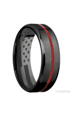 7 mm wide/Beveled/Zirconium band with one 1 mm Centered inlay of Coral.