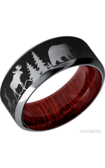 9 mm wide/High Bevel/Tantalum band with a laser carved Bear Moose Deer Mountain pattern also featuring a Blood Wood sleeve.