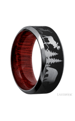 9 mm wide/High Bevel/Tantalum band with a laser carved Bear Moose Deer Mountain pattern also featuring a Blood Wood sleeve.