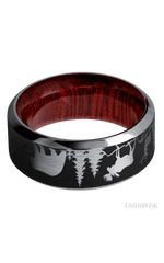 9 mm wide/High Bevel/Tantalum band with a laser carved Bear Moose Deer Mountain pattern also featuring a Blood Wood sleeve.