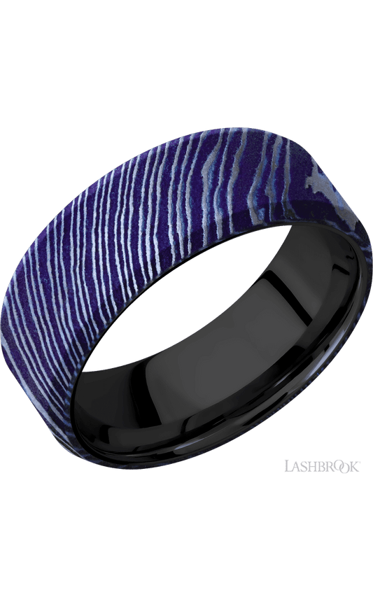 8 mm wide Beveled Titanium Damascus band featuring a Zirconium sleeve.