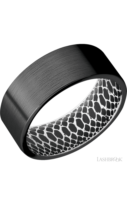 8 mm wide Flat Zirconium band featuring a White sleeve.