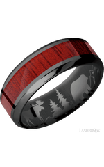 8 mm wide/High Bevel/Zirconium band with one 4 mm Centered inlay of Blood Wood.