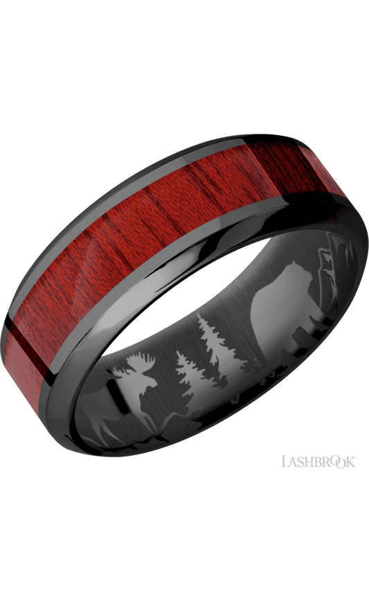 8 mm wide/High Bevel/Zirconium band with one 4 mm Centered inlay of Blood Wood.