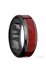 8 mm wide/High Bevel/Zirconium band with one 4 mm Centered inlay of Blood Wood.