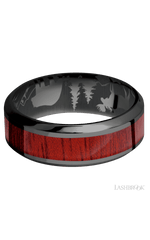 8 mm wide/High Bevel/Zirconium band with one 4 mm Centered inlay of Blood Wood.