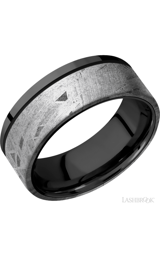 8 mm wide/Flat/Zirconium band with one 6 mm Off Center Edge inlay of Meteorite.