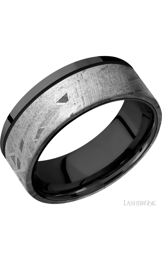 8 mm wide/Flat/Zirconium band with one 6 mm Off Center Edge inlay of Meteorite.