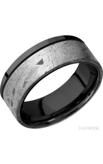 8 mm wide/Flat/Zirconium band with one 6 mm Off Center Edge inlay of Meteorite.