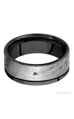 8 mm wide/Flat/Zirconium band with one 6 mm Off Center Edge inlay of Meteorite.