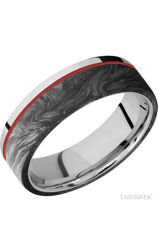7 mm wide/Flat/Cobalt Chrome band with one 5 mm Off Center Edge inlay of Forged Carbon Fiber.