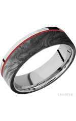 7 mm wide/Flat/Cobalt Chrome band with one 5 mm Off Center Edge inlay of Forged Carbon Fiber.