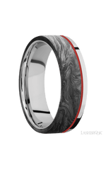 7 mm wide/Flat/Cobalt Chrome band with one 5 mm Off Center Edge inlay of Forged Carbon Fiber.