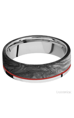 7 mm wide/Flat/Cobalt Chrome band with one 5 mm Off Center Edge inlay of Forged Carbon Fiber.