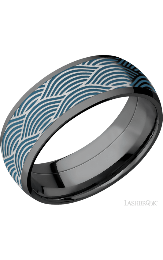 8 mm wide/Domed/Zirconium band with one 6 mm Centered inlay of Cobalt Chrome with a laser carved Navigator pattern.
