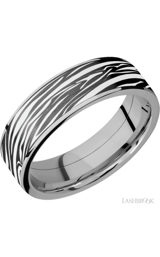 7 mm wide/Flat/Titanium band with one 6 mm Centered inlay of Zirconium with a laser carved Zebra pattern.