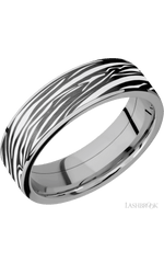 7 mm wide/Flat/Titanium band with one 6 mm Centered inlay of Zirconium with a laser carved Zebra pattern.