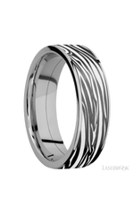 7 mm wide/Flat/Titanium band with one 6 mm Centered inlay of Zirconium with a laser carved Zebra pattern.