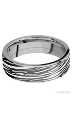 7 mm wide/Flat/Titanium band with one 6 mm Centered inlay of Zirconium with a laser carved Zebra pattern.