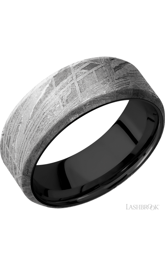 8 mm wide Beveled Meteorite band featuring a Zirconium sleeve.