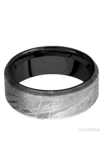 8 mm wide Beveled Meteorite band featuring a Zirconium sleeve.