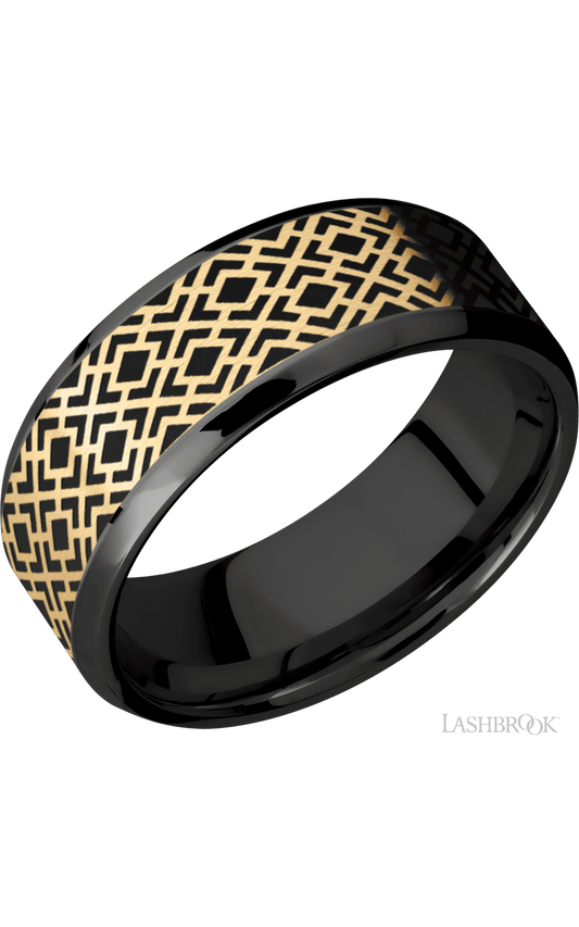 8 mm wide/Beveled/Zirconium band with one 6 mm Centered inlay of 14K Yellow Gold with a laser carved Trellis 2 pattern.