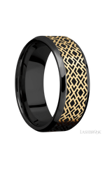 8 mm wide/Beveled/Zirconium band with one 6 mm Centered inlay of 14K Yellow Gold with a laser carved Trellis 2 pattern.