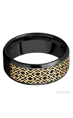 8 mm wide/Beveled/Zirconium band with one 6 mm Centered inlay of 14K Yellow Gold with a laser carved Trellis 2 pattern.