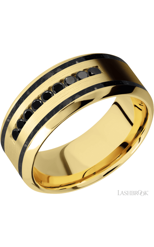 9 mm wide/High Bevel/14K Yellow Gold band with two 1 mm Wide inlays of Black Onyx and featuring an arrangement of 9, .03 carat Round Black Diamond stones in a Channel setting