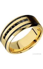 9 mm wide/High Bevel/14K Yellow Gold band with two 1 mm Wide inlays of Black Onyx and featuring an arrangement of 9, .03 carat Round Black Diamond stones in a Channel setting