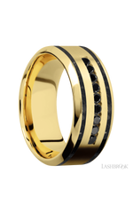 9 mm wide/High Bevel/14K Yellow Gold band with two 1 mm Wide inlays of Black Onyx and featuring an arrangement of 9, .03 carat Round Black Diamond stones in a Channel setting