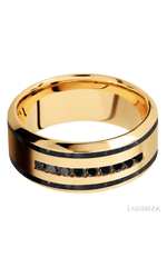 9 mm wide/High Bevel/14K Yellow Gold band with two 1 mm Wide inlays of Black Onyx and featuring an arrangement of 9, .03 carat Round Black Diamond stones in a Channel setting
