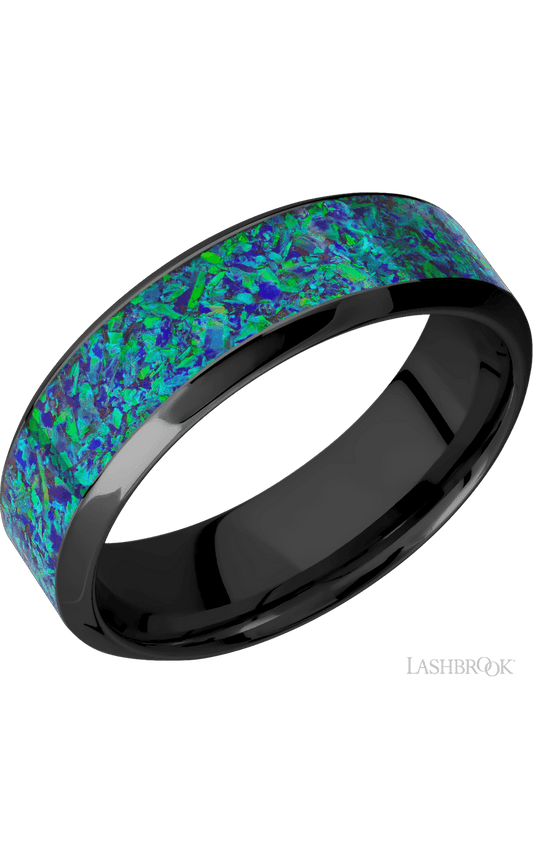 7 mm wide/High Bevel/Zirconium band with one 4 mm Centered inlay of Green Opal.