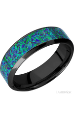 7 mm wide/High Bevel/Zirconium band with one 4 mm Centered inlay of Green Opal.