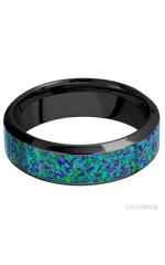 7 mm wide/High Bevel/Zirconium band with one 4 mm Centered inlay of Green Opal.