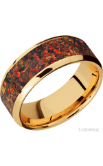 8 mm wide/Beveled/14K Yellow Gold band with one 6 mm Centered inlay of Red Opal.