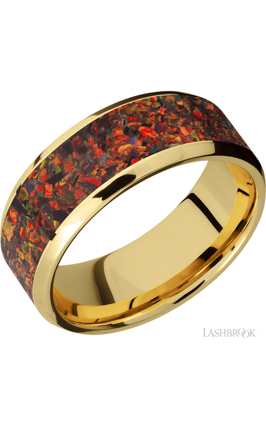 8 mm wide/Beveled/14K Yellow Gold band with one 6 mm Centered inlay of Red Opal.