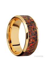 8 mm wide/Beveled/14K Yellow Gold band with one 6 mm Centered inlay of Red Opal.