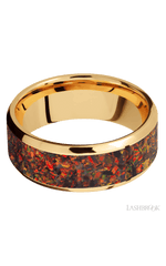 8 mm wide/Beveled/14K Yellow Gold band with one 6 mm Centered inlay of Red Opal.