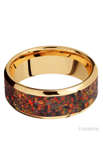 8 mm wide/Beveled/14K Yellow Gold band with one 6 mm Centered inlay of Red Opal.